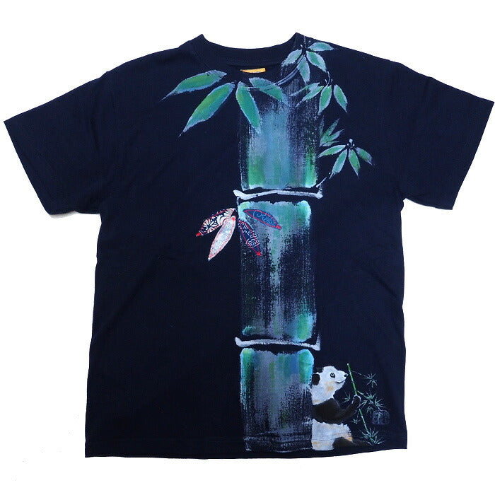 GEN SENCE Japanese pattern hand-painted &amp; remade short-sleeved T-shirt "Sagano moso bamboo" Panda navy blue men's and women's [GS-TS-SS02] 