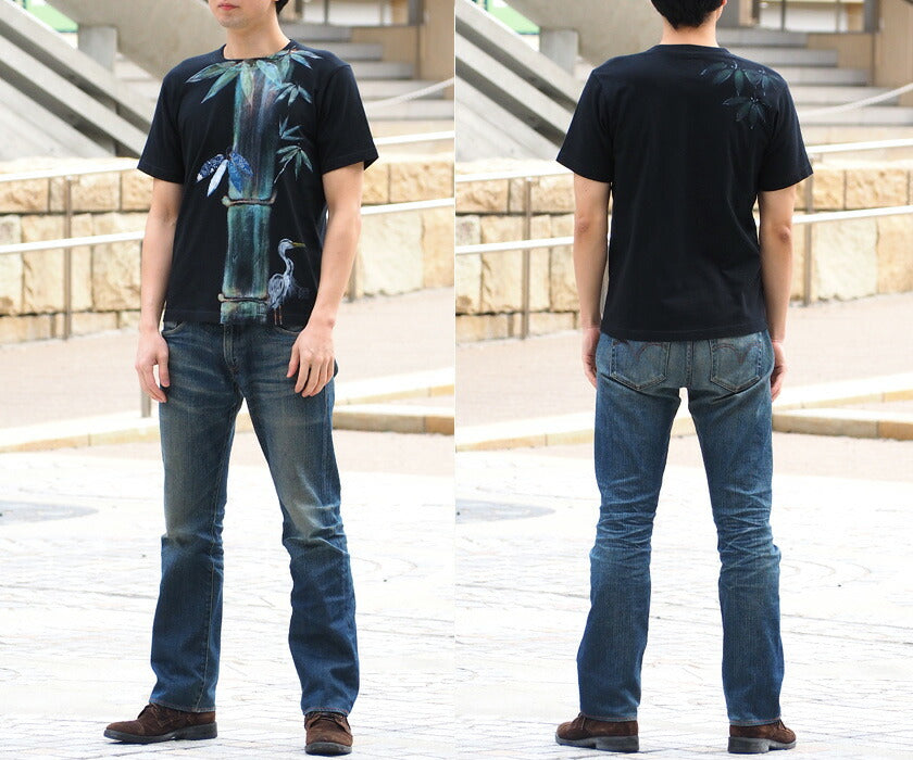 GEN SENCE Japanese pattern hand-painted &amp; remade short-sleeved T-shirt "Sagano moso bamboo" heron black men's and women's [GS-TS-SS03] 