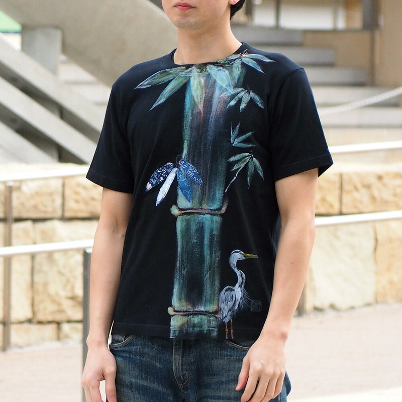 GEN SENCE Japanese pattern hand-painted &amp; remade short-sleeved T-shirt "Sagano moso bamboo" heron black men's and women's [GS-TS-SS03] 