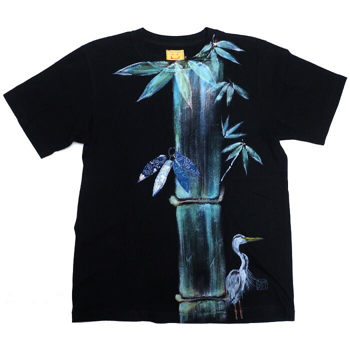 GEN SENCE Japanese pattern hand-painted &amp; remade short-sleeved T-shirt "Sagano moso bamboo" heron black men's and women's [GS-TS-SS03] 