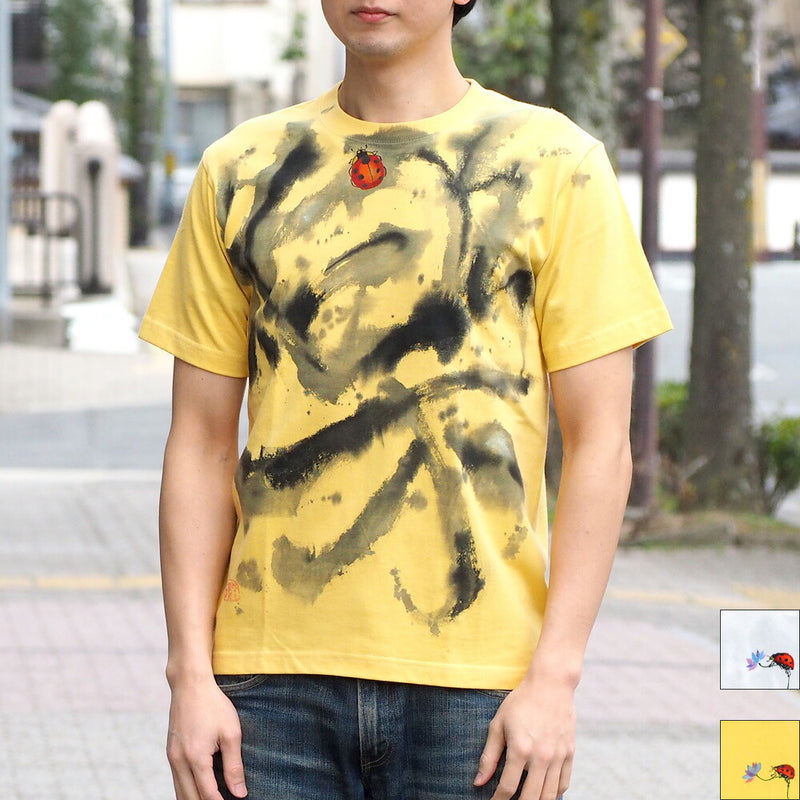 GEN SENCE Japanese pattern hand-painted short-sleeved T-shirt "One is easy, two are fun" Ladybug White/Yellow Men's/Women's [GS-TS-SS04] 