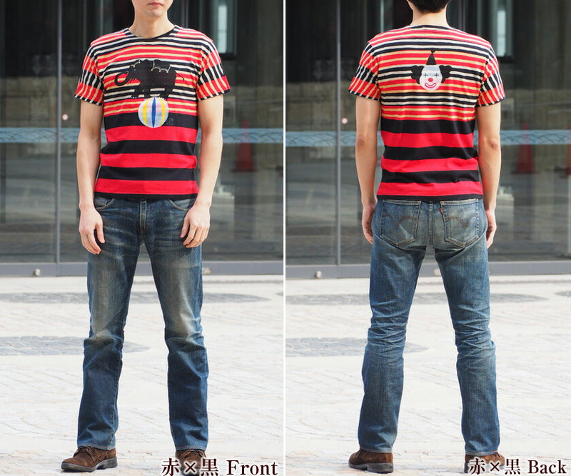 GEN SENCE Hand-painted &amp; discharge short-sleeved T-shirt "Circus" elephant and clown border men's [GS-TS-SS05] 
