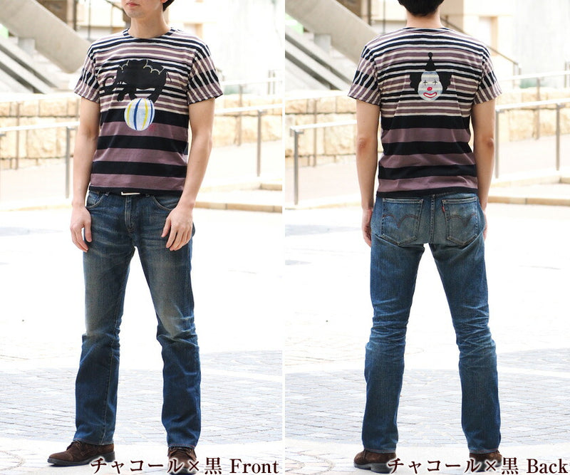 GEN SENCE Hand-painted &amp; discharge short-sleeved T-shirt "Circus" elephant and clown border men's [GS-TS-SS05] 