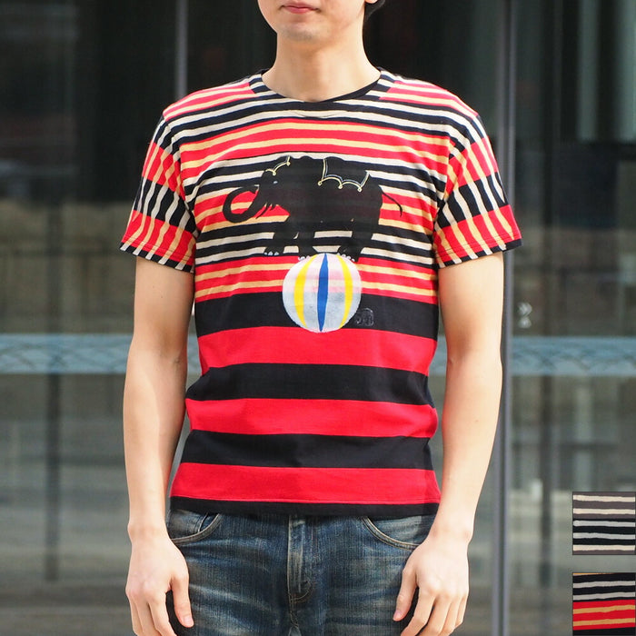 GEN SENCE Hand-painted &amp; discharge short-sleeved T-shirt "Circus" elephant and clown border men's [GS-TS-SS05] 