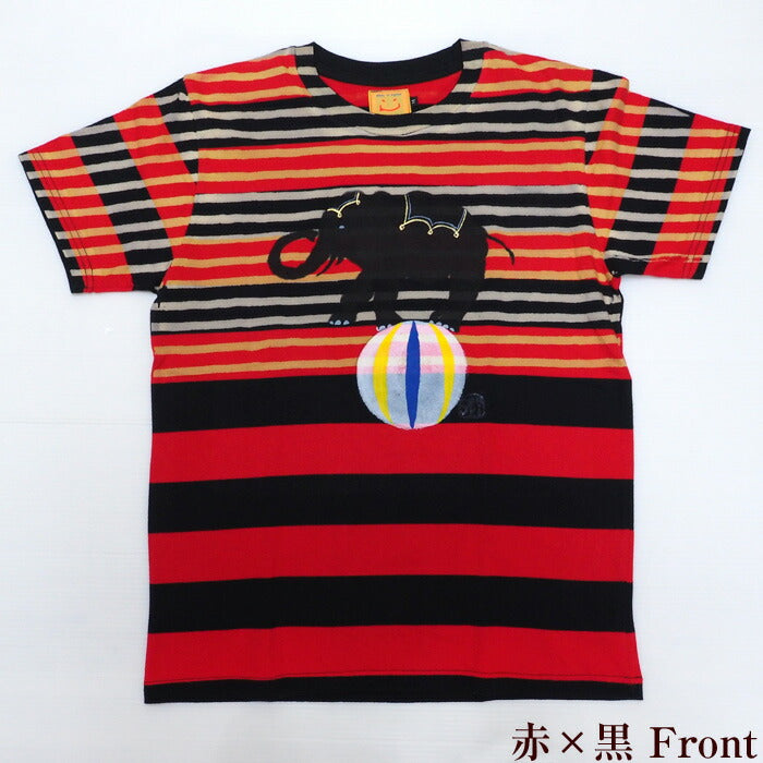 GEN SENCE Hand-painted &amp; discharge short-sleeved T-shirt "Circus" elephant and clown border men's [GS-TS-SS05] 