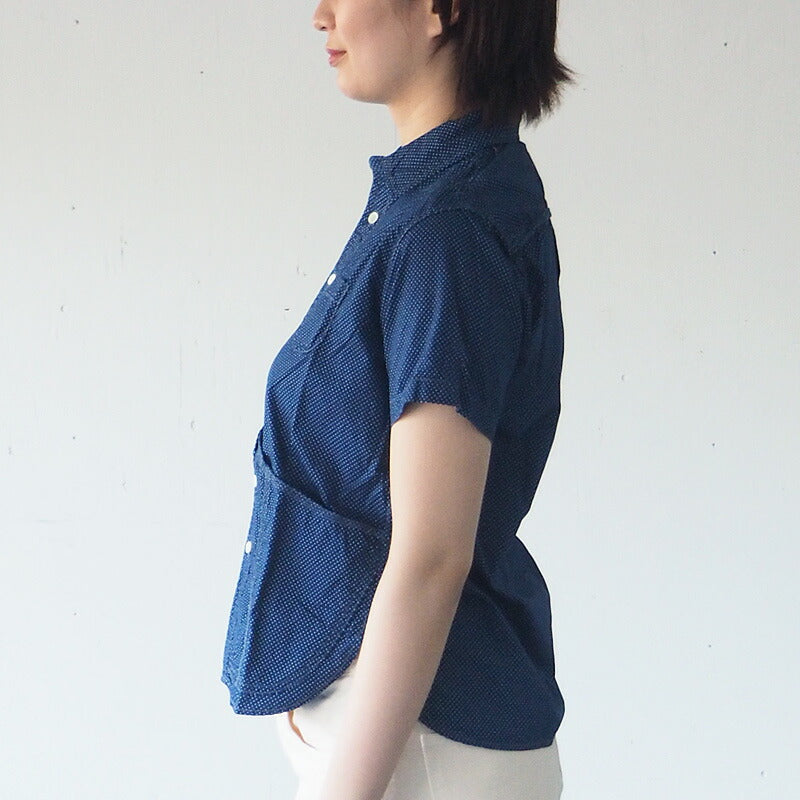 graphzero（グラフゼロ） ヘムポケットシャツ 半袖 インディゴ 抜染 ドット レディース [GZ-HMPKS-3104-DOT-LADIES]