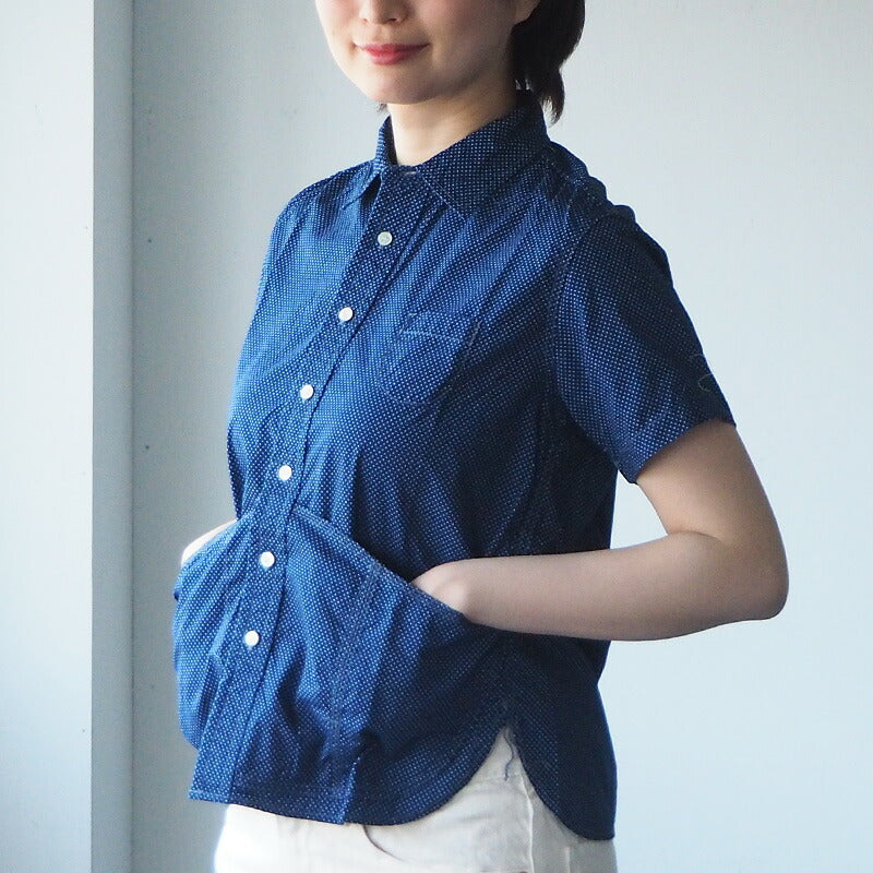 graphzero（グラフゼロ） ヘムポケットシャツ 半袖 インディゴ 抜染 ドット レディース [GZ-HMPKS-3104-DOT-LADIES]