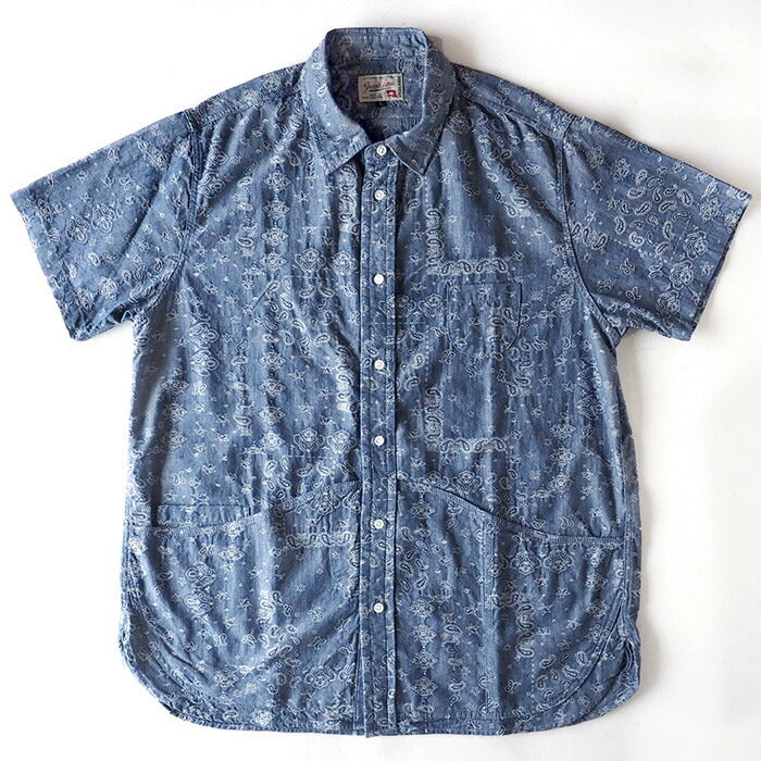 graphzero Hem Pocket Shirt Indigo Chambray Fabric Paisley Pattern Short Sleeve Ladies [GZ-HMPKS-0204-PIS-LADIES] 
