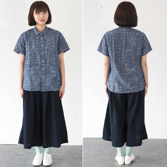 graphzero Hem Pocket Shirt Indigo Chambray Fabric Paisley Pattern Short Sleeve Ladies [GZ-HMPKS-0204-PIS-LADIES] 