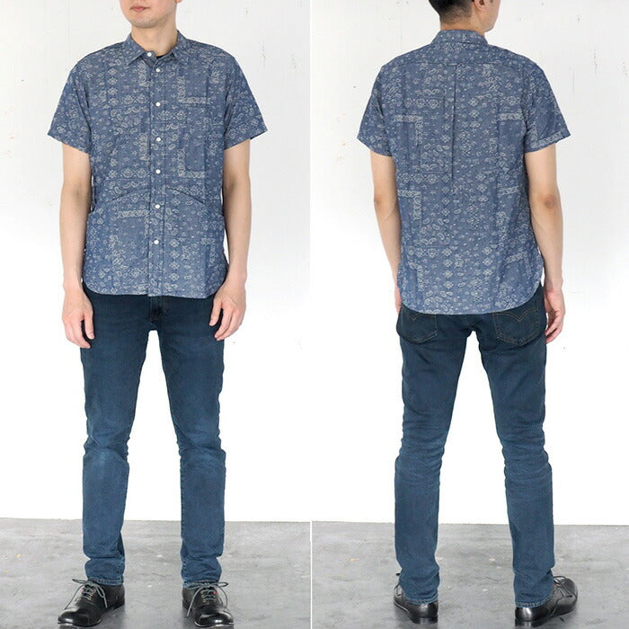 graphzero Hem Pocket Shirt Indigo Chambray Fabric Paisley Pattern Short Sleeve Men's [GZ-HMPKS-0204-PIS-MENS] 