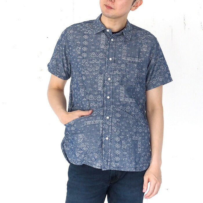 graphzero Hem Pocket Shirt Indigo Chambray Fabric Paisley Pattern Short Sleeve Men's [GZ-HMPKS-0204-PIS-MENS] 