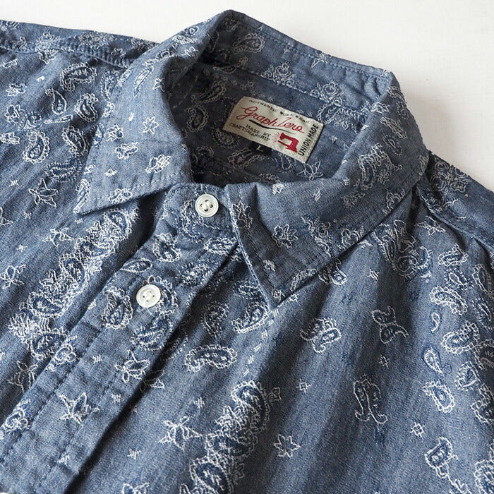 graphzero Hem Pocket Shirt Indigo Chambray Fabric Paisley Pattern Short Sleeve Men's [GZ-HMPKS-0204-PIS-MENS] 