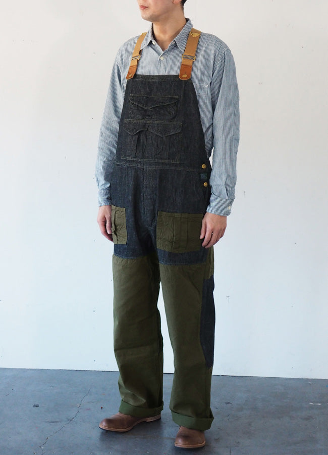 graphzero(グラフゼロ) ハンティング オーバーオール デニム インディゴ×カーキ メンズ レディース [GZ-HOR2-0107-IDKH]