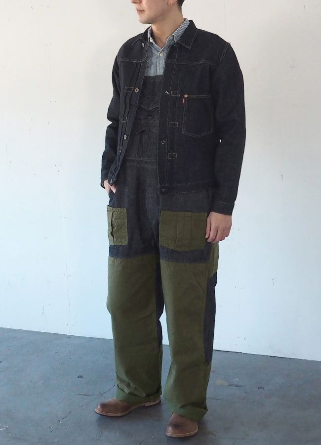 graphzero(グラフゼロ) ハンティング オーバーオール デニム インディゴ×カーキ メンズ レディース [GZ-HOR2-0107-IDKH]