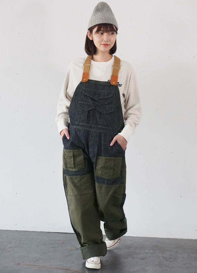 graphzero(グラフゼロ) ハンティング オーバーオール デニム インディゴ×カーキ メンズ レディース [GZ-HOR2-0107-IDKH]