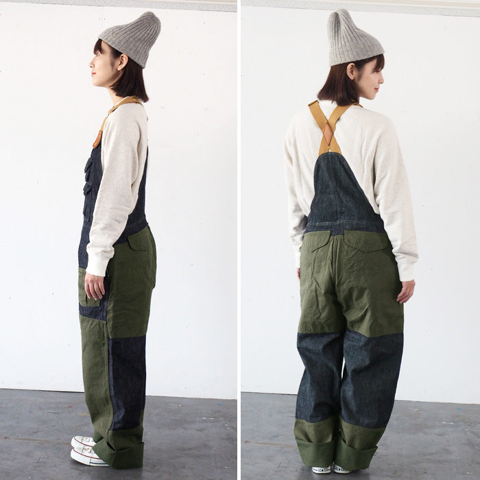 graphzero(グラフゼロ) ハンティング オーバーオール デニム インディゴ×カーキ メンズ レディース [GZ-HOR2-0107-IDKH]