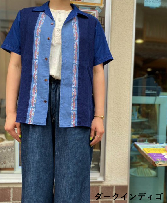 [2 colors] graphzero Italian collar short-sleeved shirt Ainu pattern light indigo dark indigo men's women's unisex [GZ-ITLS-0407]