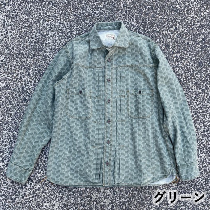 [2 colors] graphzero Jean shirt long sleeve leaf herringbone pattern blue green men's women's unisex [GZ-JWLS-0412]