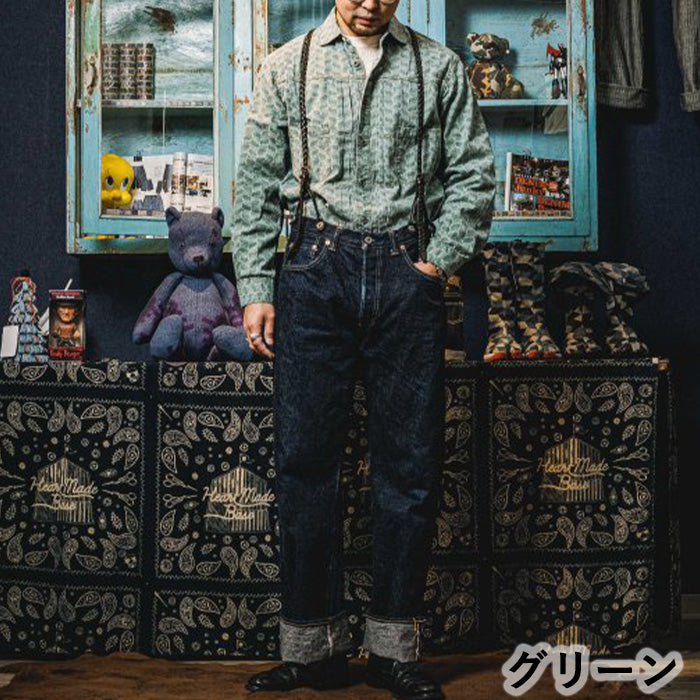 [2 colors] graphzero Jean shirt long sleeve leaf herringbone pattern blue green men's women's unisex [GZ-JWLS-0412]