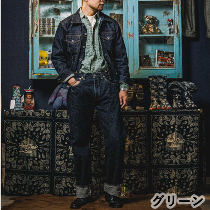 [2 colors] graphzero Jean shirt long sleeve leaf herringbone pattern blue green men's women's unisex [GZ-JWLS-0412]