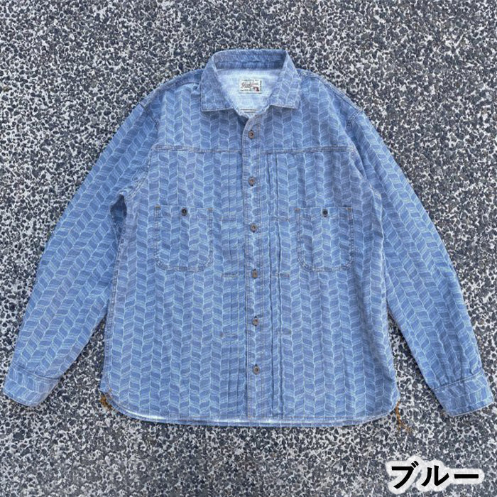 [2 colors] graphzero Jean shirt long sleeve leaf herringbone pattern blue green men's women's unisex [GZ-JWLS-0412]
