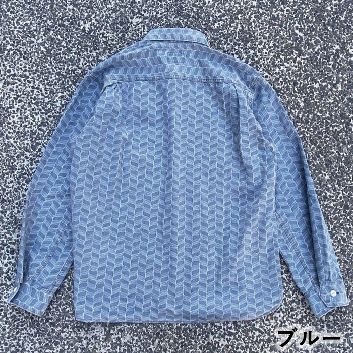 [2 colors] graphzero Jean shirt long sleeve leaf herringbone pattern blue green men's women's unisex [GZ-JWLS-0412]