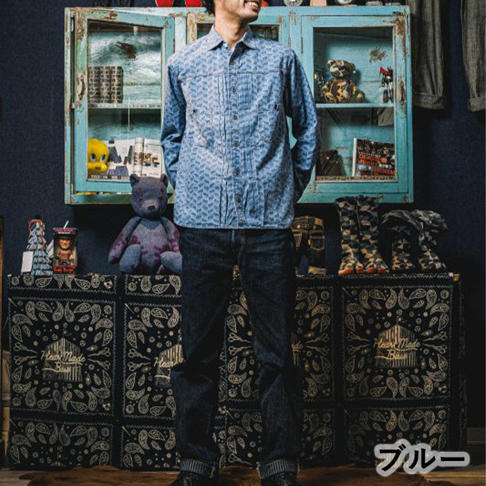 [2 colors] graphzero Jean shirt long sleeve leaf herringbone pattern blue green men's women's unisex [GZ-JWLS-0412]