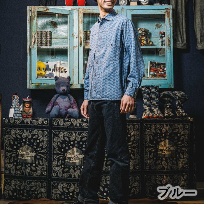 [2 colors] graphzero Jean shirt long sleeve leaf herringbone pattern blue green men's women's unisex [GZ-JWLS-0412]