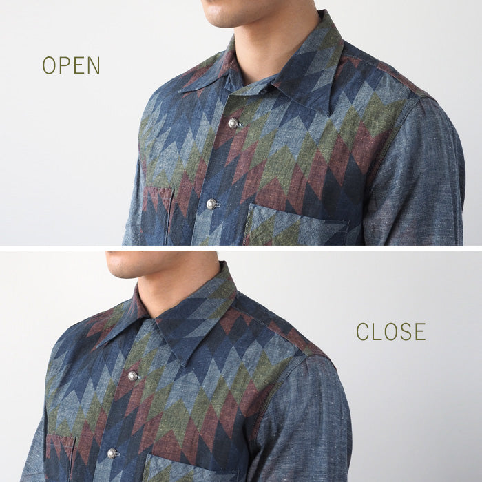 graphzero(グラフゼロ) オープンカラー 長袖シャツ シャンブレー ナバホ柄 メンズ レディース [GZ-OPCNV-0304-NAVA]