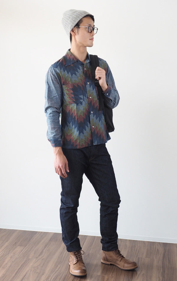 graphzero(グラフゼロ) オープンカラー 長袖シャツ シャンブレー ナバホ柄 メンズ レディース [GZ-OPCNV-0304-NAVA]