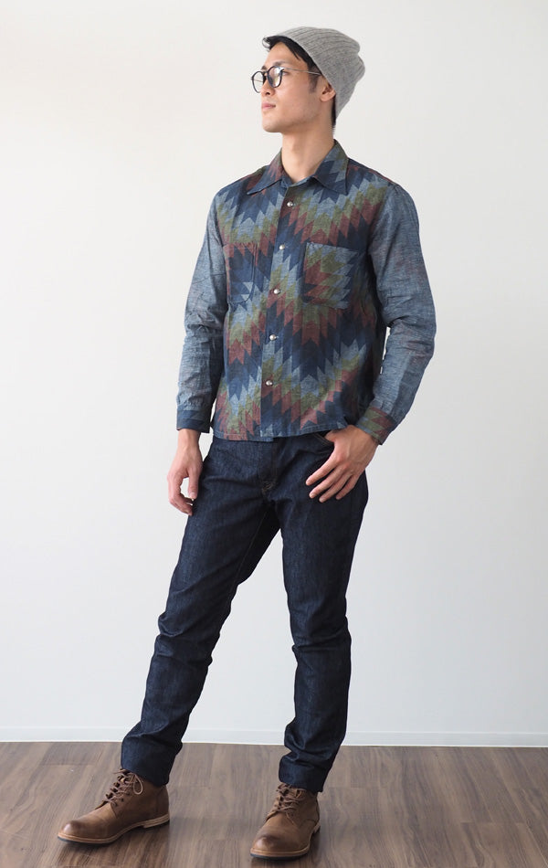 graphzero(グラフゼロ) オープンカラー 長袖シャツ シャンブレー ナバホ柄 メンズ レディース [GZ-OPCNV-0304-NAVA]