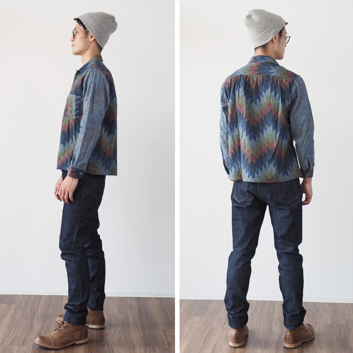 graphzero(グラフゼロ) オープンカラー 長袖シャツ シャンブレー ナバホ柄 メンズ レディース [GZ-OPCNV-0304-NAVA]