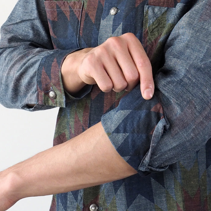graphzero(グラフゼロ) オープンカラー 長袖シャツ シャンブレー ナバホ柄 メンズ レディース [GZ-OPCNV-0304-NAVA]
