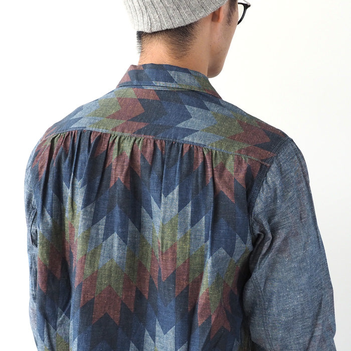 graphzero(グラフゼロ) オープンカラー 長袖シャツ シャンブレー ナバホ柄 メンズ レディース [GZ-OPCNV-0304-NAVA]