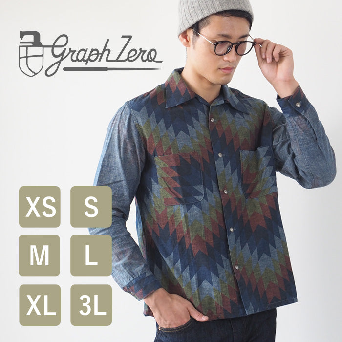 graphzero(グラフゼロ) オープンカラー 長袖シャツ シャンブレー ナバホ柄 メンズ レディース [GZ-OPCNV-0304-NAVA]