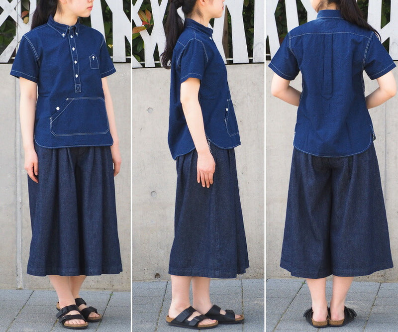 graphzero（グラフゼロ）トラベラーズプルオーバーシャツ 半袖 ジャガード・インディゴ レディース [GZ-PO-SS-3004-JID-LADIES]