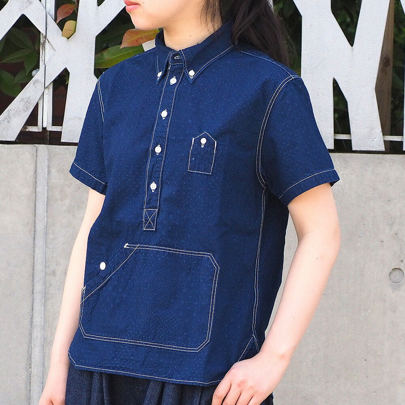 graphzero（グラフゼロ）トラベラーズプルオーバーシャツ 半袖 ジャガード・インディゴ レディース [GZ-PO-SS-3004-JID-LADIES]