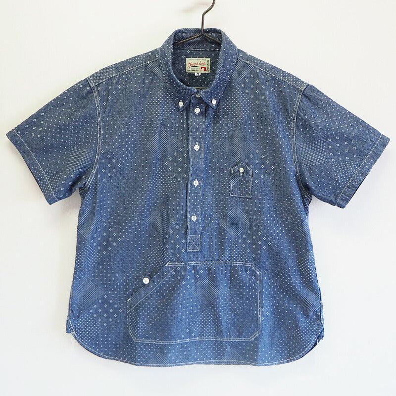 graphzero（グラフゼロ） トラベラーズプルオーバー ボタンダウンシャツ ジャガード インディゴ×ホワイト 半袖 メンズ [GZ-PO-SS-3104-JWH-MENS]