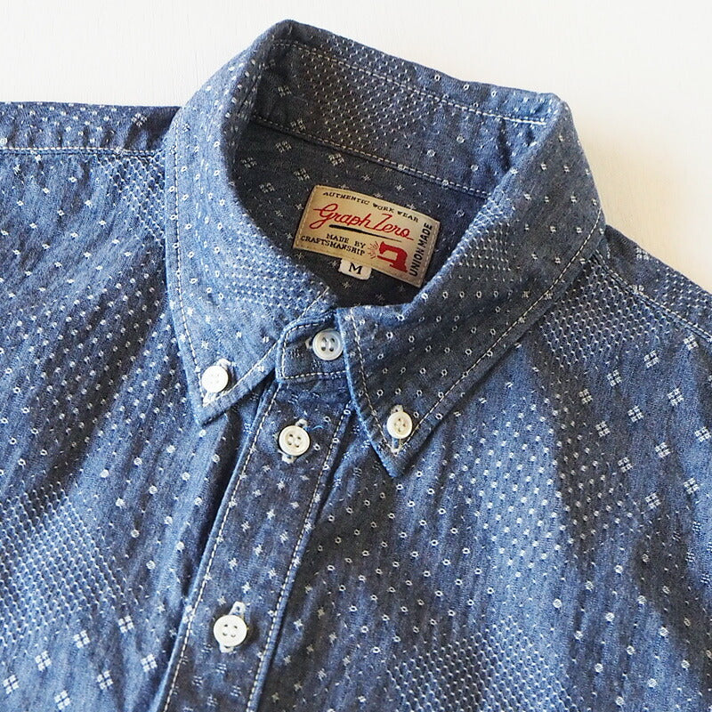graphzero（グラフゼロ） トラベラーズプルオーバー ボタンダウンシャツ ジャガード インディゴ×ホワイト 半袖 メンズ [GZ-PO-SS-3104-JWH-MENS]