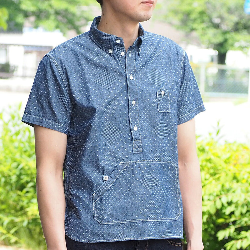 graphzero（グラフゼロ） トラベラーズプルオーバー ボタンダウンシャツ ジャガード インディゴ×ホワイト 半袖 メンズ [GZ-PO-SS-3104-JWH-MENS]