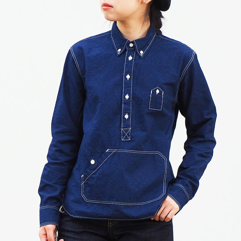 graphzero（グラフゼロ）トラベラーズプルオーバー ボタンダウンシャツ ジャガード インディゴ 長袖 レディース [GZ-POLS-3009-JID-LADIES]