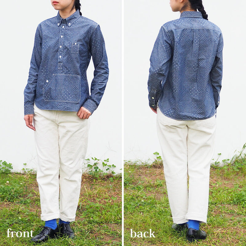 graphzero Travelers Pullover Button Down 襯衫 Jacquard Indigo x White Long Sleeve 女士 [GZ-POLS-3009-JWH-LADIES] 