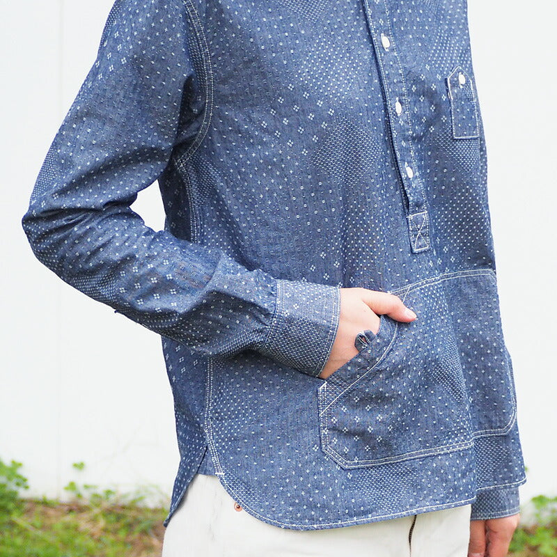 graphzero Travelers Pullover Button Down 襯衫 Jacquard Indigo x White Long Sleeve 女士 [GZ-POLS-3009-JWH-LADIES] 