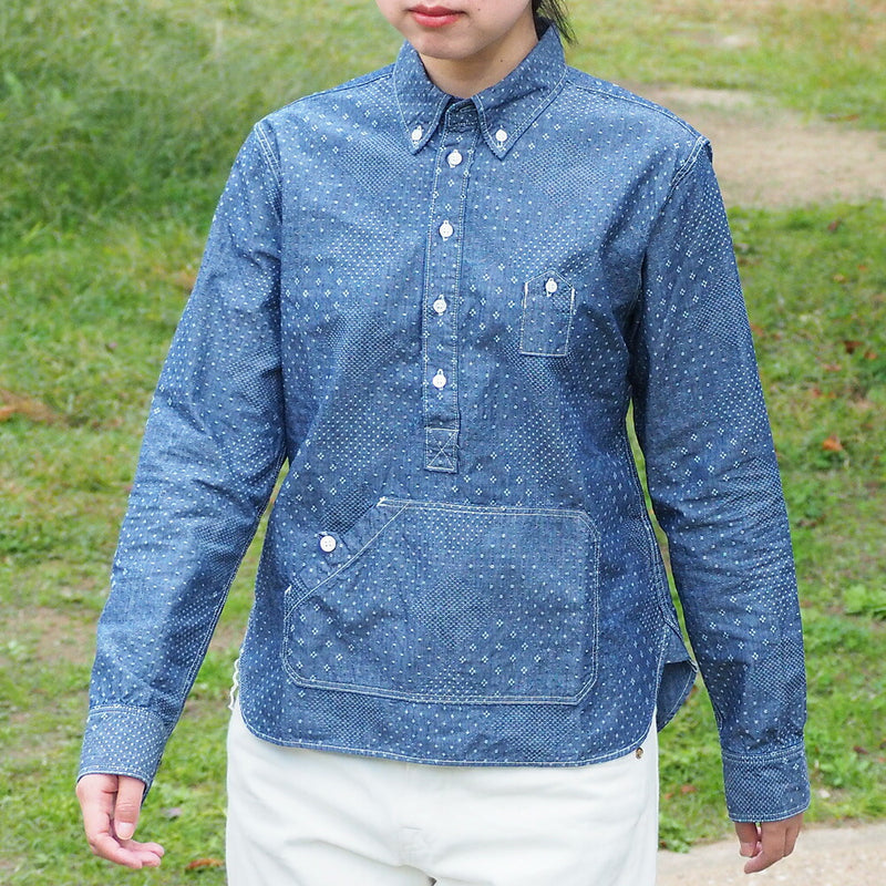 graphzero Travelers Pullover Button Down 襯衫 Jacquard Indigo x White Long Sleeve 女士 [GZ-POLS-3009-JWH-LADIES] 
