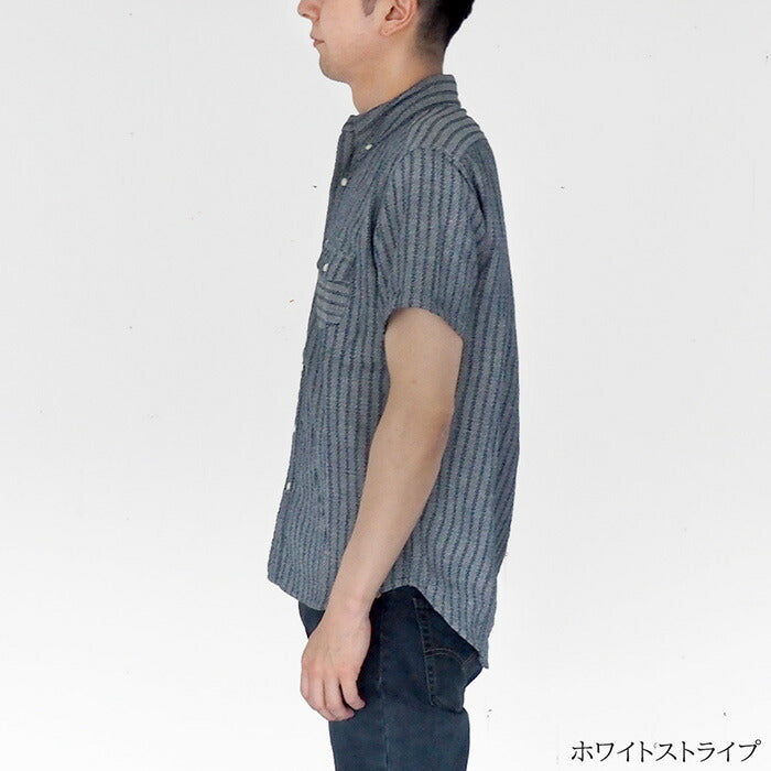 [2 種顏色] graphzero 標準鈕扣襯衫鑲邊提花面料靛藍條紋短袖男裝 [GZ-SDBD-0204-MENS]