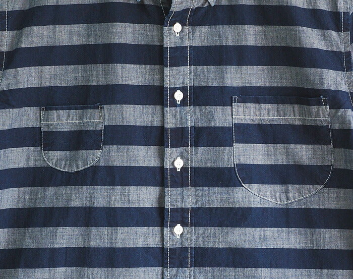 graphzero Standard Button Down Shirt Long Sleeve Indigo x Gray Border Men's [GZ-SDBDL-IDBD-MENS] 