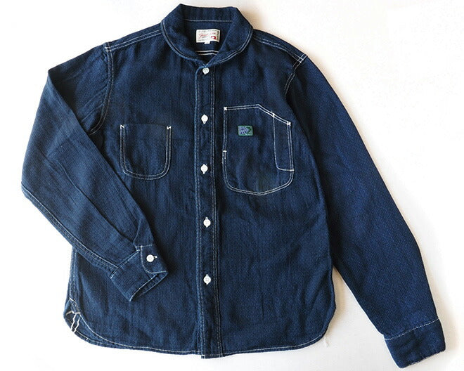 graphzero Shawl Collar Shirt Long Sleeve Indigo Selvage Jacquard Fabric Women's [GZ-SLWL-0109-ID-LADIES]