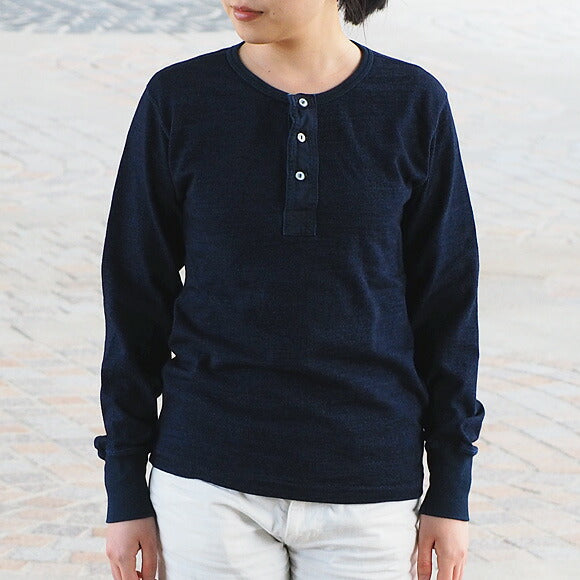 graphzero Indigo Rope Dyed Henley Neck T-shirt Long Sleeve Plain Women's [GZ-THL29-ID-LADIES] 