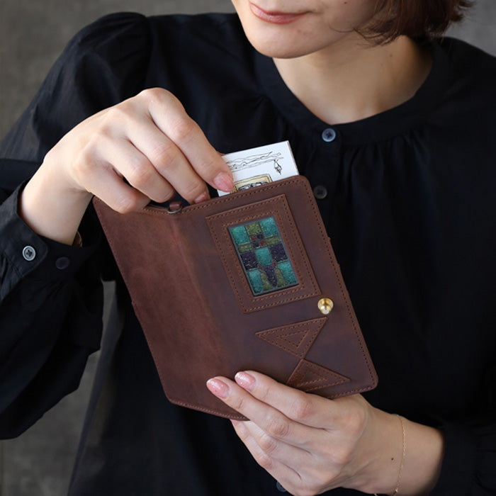 glart Multi-Facelift Smartphone Case, Large, Stained Glass, Antique Door Design, Brown, Women's [H0209-BR]