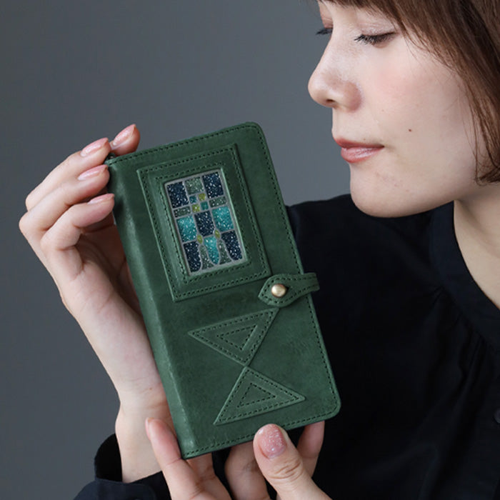 glart Multi-Facelift Smartphone Case, Large, Stained Glass, Antique Door Design, Green, Women's [H0209-GRN]